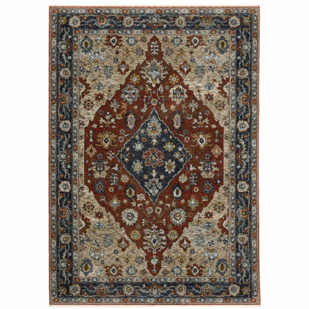 HomeRoots 508055 5 x 8 ft. Blue Beige Tan Brown Gold & Rust Red Oriental Power Loom Stain Resistant Rectangle Area Rug with Fringe