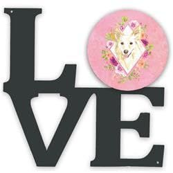 11.5 x 11.75 in. White Collie Pink Flowers Metal Artwork Love Wall Decor