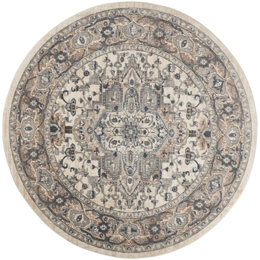 HomeRoots 480260 8 ft. Ivory & Gray Round Oriental Power Loom Non Skid Round Area Rug