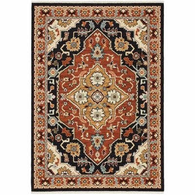 HomeRoots 509228 3 x 5 ft. Black Orange & Beige Oriental Power Loom Stain Resistant Rectangle Area Rug with Fringe