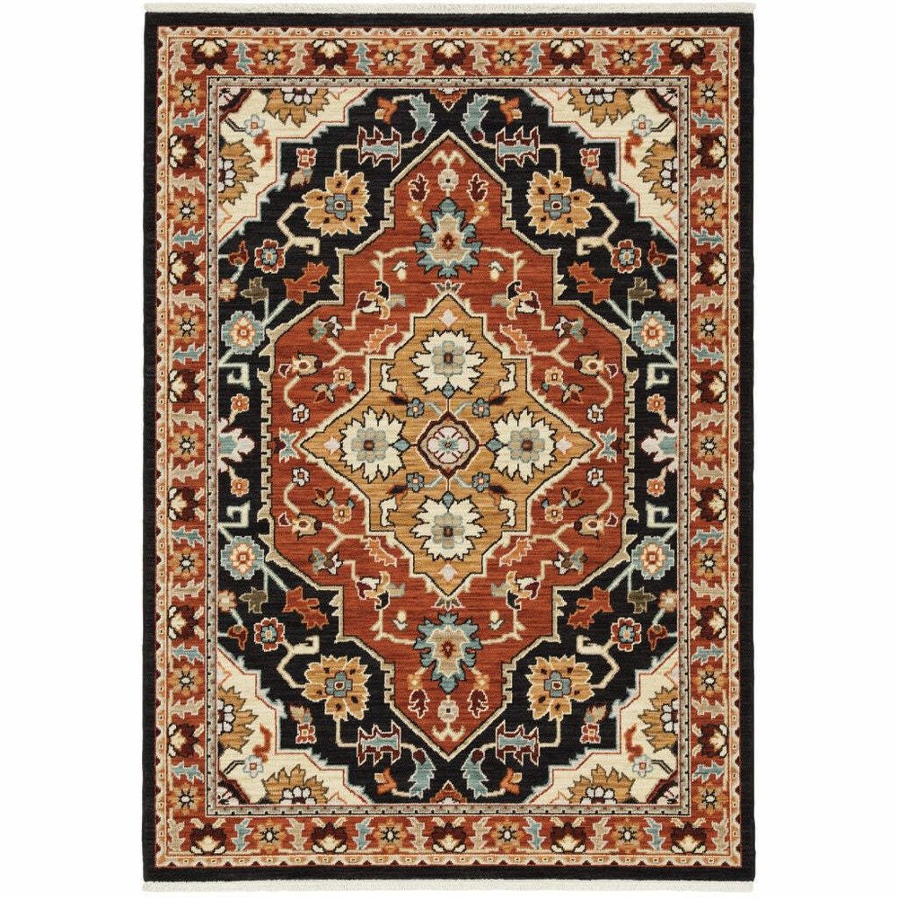 HomeRoots 509228 3 x 5 ft. Black Orange & Beige Oriental Power Loom Stain Resistant Rectangle Area Rug with Fringe