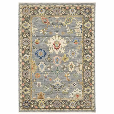 HomeRoots 509350 8 x 11 ft. Blue Gray Gold Green Pink Orange Ivory & Red Oriental Power Loom Stain Resistant Rectangle Area Rug with Fringe