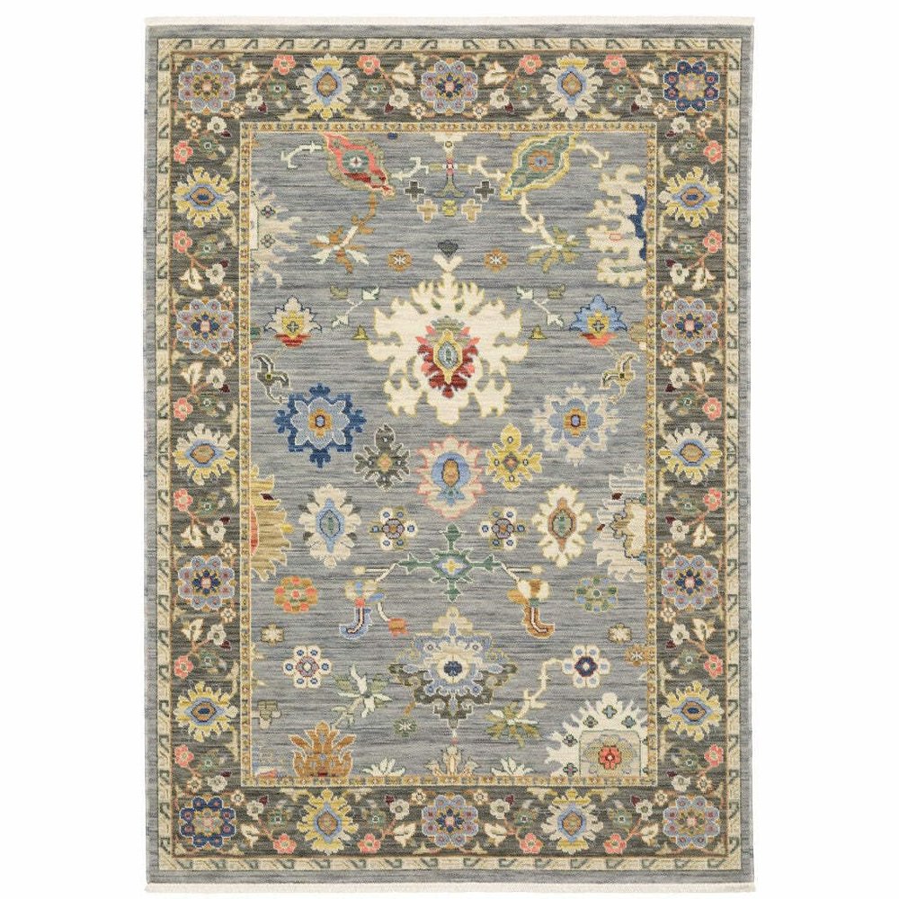 HomeRoots 509350 8 x 11 ft. Blue Gray Gold Green Pink Orange Ivory & Red Oriental Power Loom Stain Resistant Rectangle Area Rug with Fringe