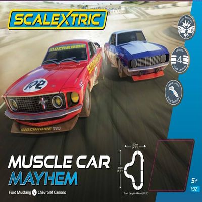 Scalextric C1449T Muscle Car Mayhem Set - Mains Power Slot Car Race Track Sets, 1:64 Scale Set, Electric Racing Toys for Adults Racetrack Games, Cars Gifts for Adults