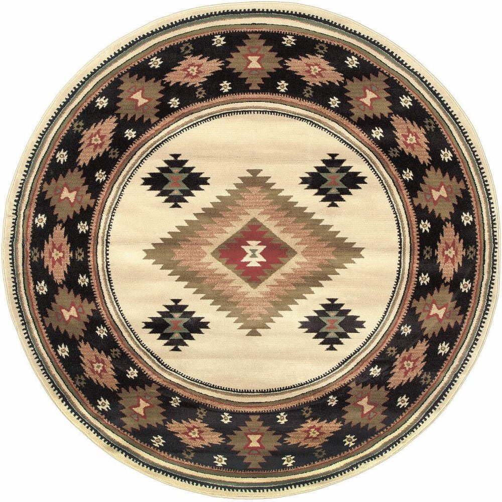 HomeRoots 509045 8 ft. Beige Southwestern Power Loom Stain Resistant Round Area Rug