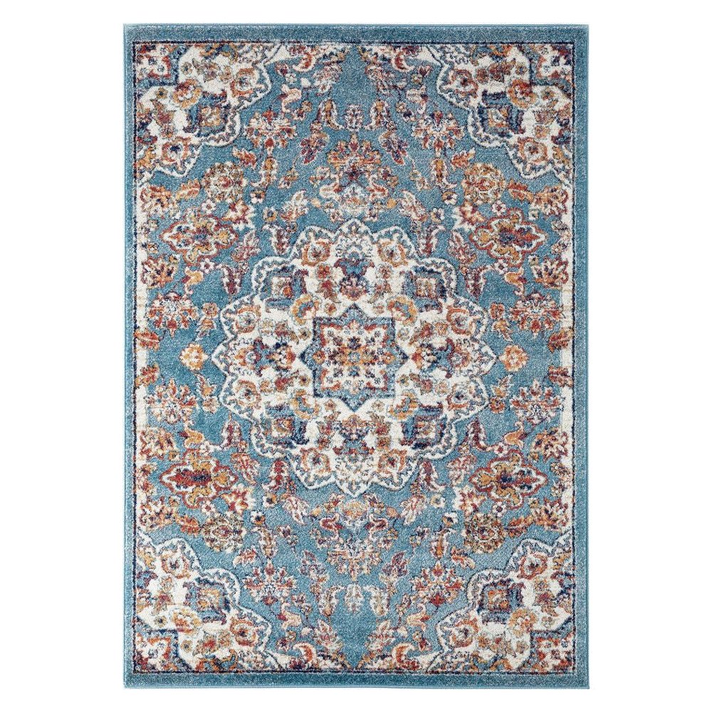HomeRoots 531871 6 ft. Blue Medallion Power Loom Round Area Rug