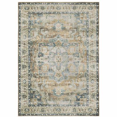 HomeRoots 510370 7 x 10 ft. Blue Gold Brown Green & Salmon Oriental Printed Stain Resistant Non Skid Rectangle Area Rug