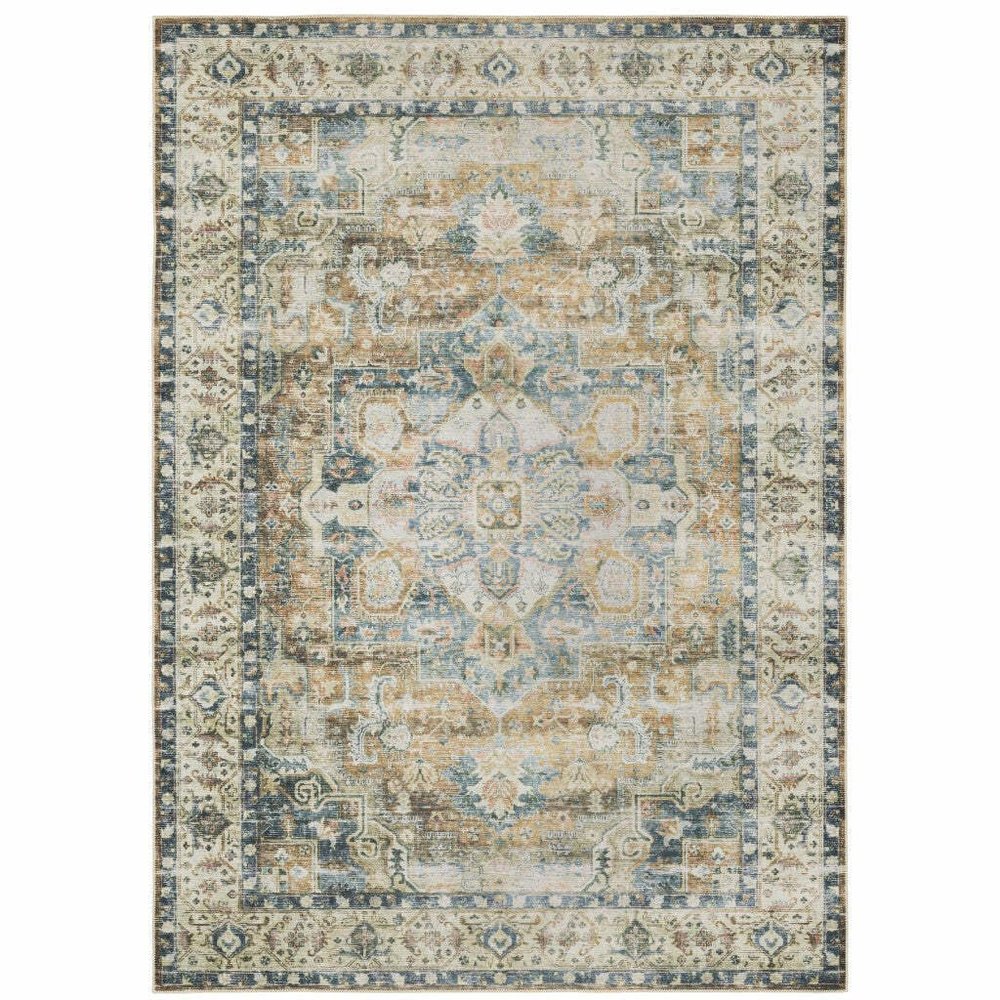 HomeRoots 510370 7 x 10 ft. Blue Gold Brown Green & Salmon Oriental Printed Stain Resistant Non Skid Rectangle Area Rug
