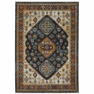 HomeRoots 508040 3 x 5 ft. Blue Red Beige Orange Gold & Tan Oriental Power Loom Stain Resistant Rectangle Area Rug with Fringe