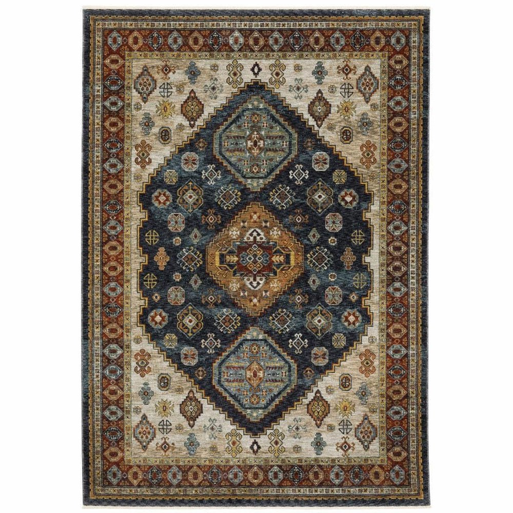 HomeRoots 508040 3 x 5 ft. Blue Red Beige Orange Gold & Tan Oriental Power Loom Stain Resistant Rectangle Area Rug with Fringe