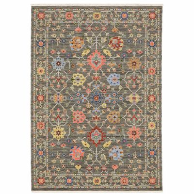HomeRoots 509281 10 x 13 ft. Gray Salmon Pink Gold Blue Rust Deep Blue Ivory & Green Oriental Power Loom Stain Resistant Rectangle Area Rug with Fringe