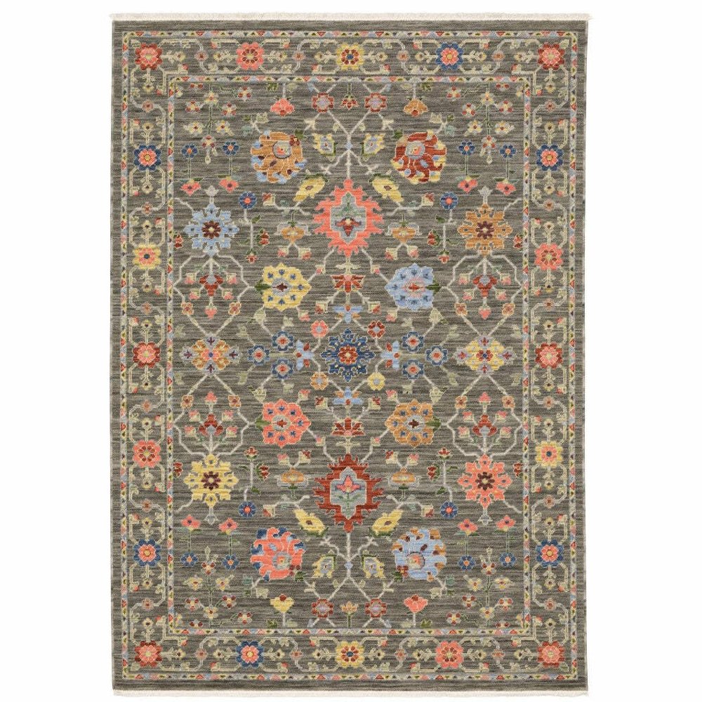 HomeRoots 509281 10 x 13 ft. Gray Salmon Pink Gold Blue Rust Deep Blue Ivory & Green Oriental Power Loom Stain Resistant Rectangle Area Rug with Fringe