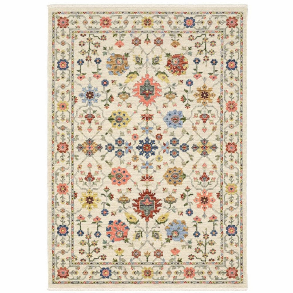 HomeRoots 509288 10 x 13 ft. Ivory Salmon Pink Gold Blues Gray Rust & Green Oriental Power Loom Stain Resistant Rectangle Area Rug with Fringe