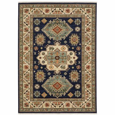 HomeRoots 509235 3 x 5 ft. Navy Charcoal Orange Rust Gold Pale Blue Olive Beige & Salmon Oriental Power Loom Stain Resistant Rectangle Area Rug with Fringe
