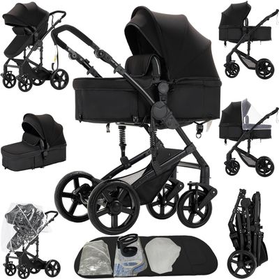 2 in 1 Baby Stroller Reversible Portable Standard Baby Stroller Convertible Pushchair Infant Buggy Baby Carriage Foldable High Landscape Pram for Toddler Newborn (2US588-BLACK)