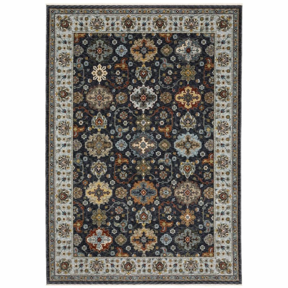 HomeRoots 508005 3 x 5 ft. Blue Red Beige Yellow Gray Rust & Gold Oriental Power Loom Stain Resistant Rectangle Area Rug with Fringe