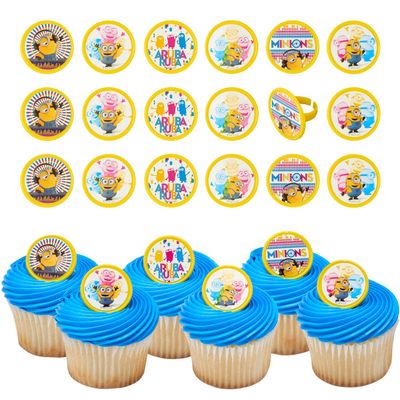 DecoPac Despicable Me Celebrations Cupcake Rings, 24 Minions Cupcake Decorations, 6 Minion Designs On Yellow Rings - 24 Pack