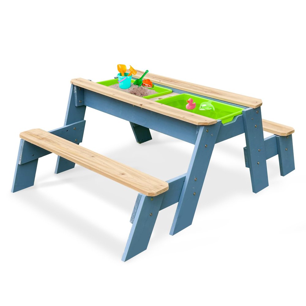 LCKLUCKIDS Kids 3-in-1 Sand & Water Activity Table, Wood Outdoor Convertible Picnic Table, 2 Play Boxes, Removable Top, Picnic Table for Outdoor Backyard Patio Play (Blue)