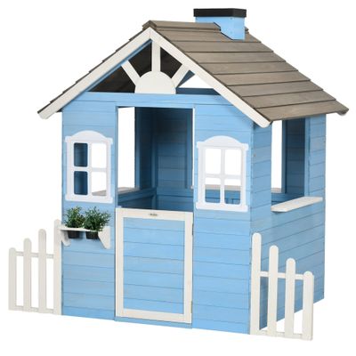 Outsunny Playhouse for Kids Outdoor, Country Style Wooden Playhouse with Flower Pot Holders, Working Door, Windows, Service Stations for 3-7 Years, Blue