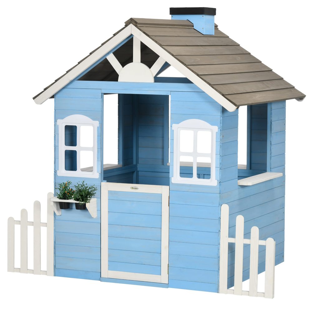 Outsunny Playhouse for Kids Outdoor, Country Style Wooden Playhouse with Flower Pot Holders, Working Door, Windows, Service Stations for 3-7 Years, Blue