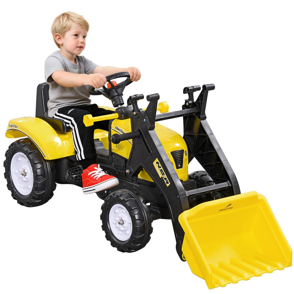 Aosom Kids Manual Pedal Ride-On Excavator with Front Loader Digger, Ride-On Tractor for 3 Year Old, Yellow