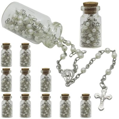 12 Rosaries Glass Jar Bottle Beads Clear Pearl Catholic Crucifix Necklace Jesus Christ First Comunion Recuerdos De Bautizo (Sil)
