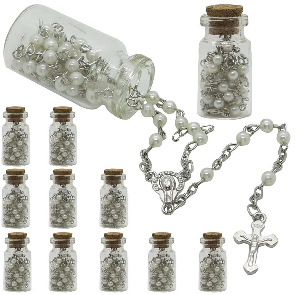 12 Rosaries Glass Jar Bottle Beads Clear Pearl Catholic Crucifix Necklace Jesus Christ First Comunion Recuerdos De Bautizo (Sil)