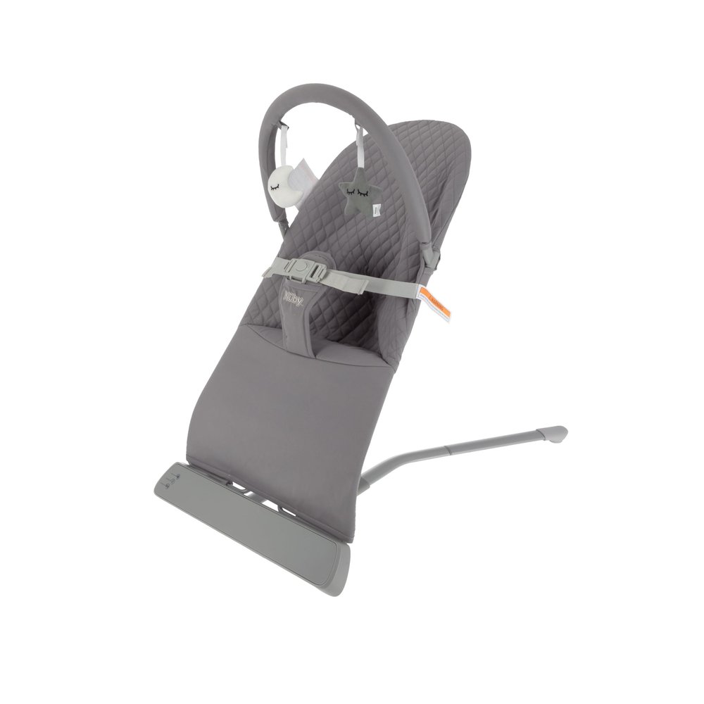 Nuby Baby Bouncer Seat - Portable Infant Bouncer with Music, Fun Sounds, and Soothing Vibrations - 0-6 Months - Gray