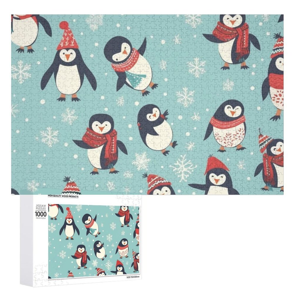 1000 PCS Jigsaw Puzzle for Adults Personalized Picture Puzzle Winter Christmas Penguins Customized Wooden Puzzle for Family, Birthday, Wedding, Game Nights Gifts Animal Puzzle