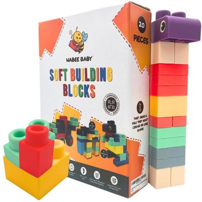 Big Soft Building Blocks for Toddlers 1-3 Year Olds - 20-Pieces Mega Blocks with Booklet for Sensory & Motor Skills - STEM Large Squishy Rubber Blocks for Babies - Montessori Stacking Baby Toys