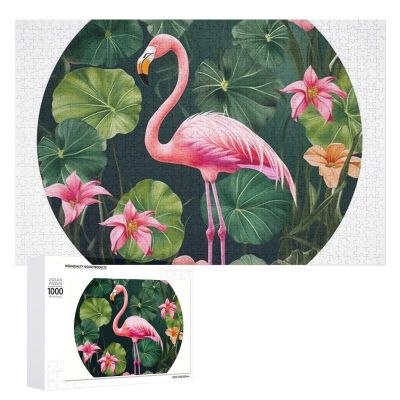 1000 PCS Jigsaw Puzzle for Adults Personalized Picture Puzzle Flamingo Bird Round Leaves Customized Wooden Puzzle for Family, Birthday, Wedding, Game Nights Gifts Animal Puzzle