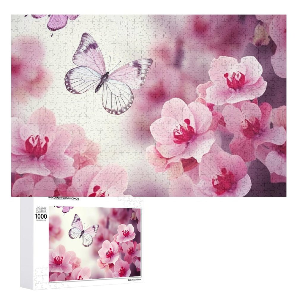 1000 PCS Jigsaw Puzzle for Adults Personalized Picture Puzzle Pink Flowers and Butterfly Customized Wooden Puzzle for Family, Birthday, Wedding, Game Nights Gifts Animal Puzzle