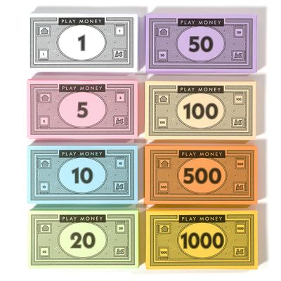 Opoly Play Money 520Pcs Fake Money for Board Games 65 of Each Bill in 8 Denominations $1, $5, $10, $20, $50, $100, $500, & $1000 - Pretend Play Cashier, Refill Packs - Stocking Stuffer