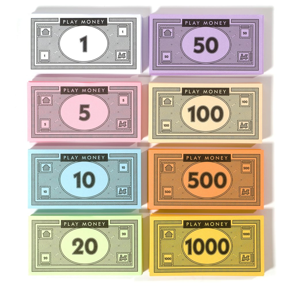 Opoly Play Money  520Pcs Fake Money for Board Games  65 of Each Bill in 8 Denominations  $1, $5, $10, $20, $50, $100, $500, & $1000 - Pretend Play Cashier, Refill Packs - Stocking Stuffer