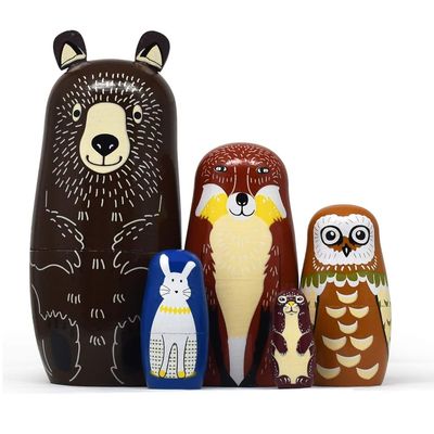 WJDLM 5Pcs Russian Nesting Dolls Stacking Wooden Handmade Matryoshka Dolls Cute Cartoon Animal Pattern Great Gift for Birthday or Home Decoration (Brown Bear)