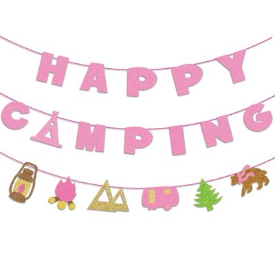 Kristin Paradise Happy Camping Banner, Glamping Party Sign Decorations for Girl, Pink Camper Theme Supplies, Camp Birthday Themed Decor