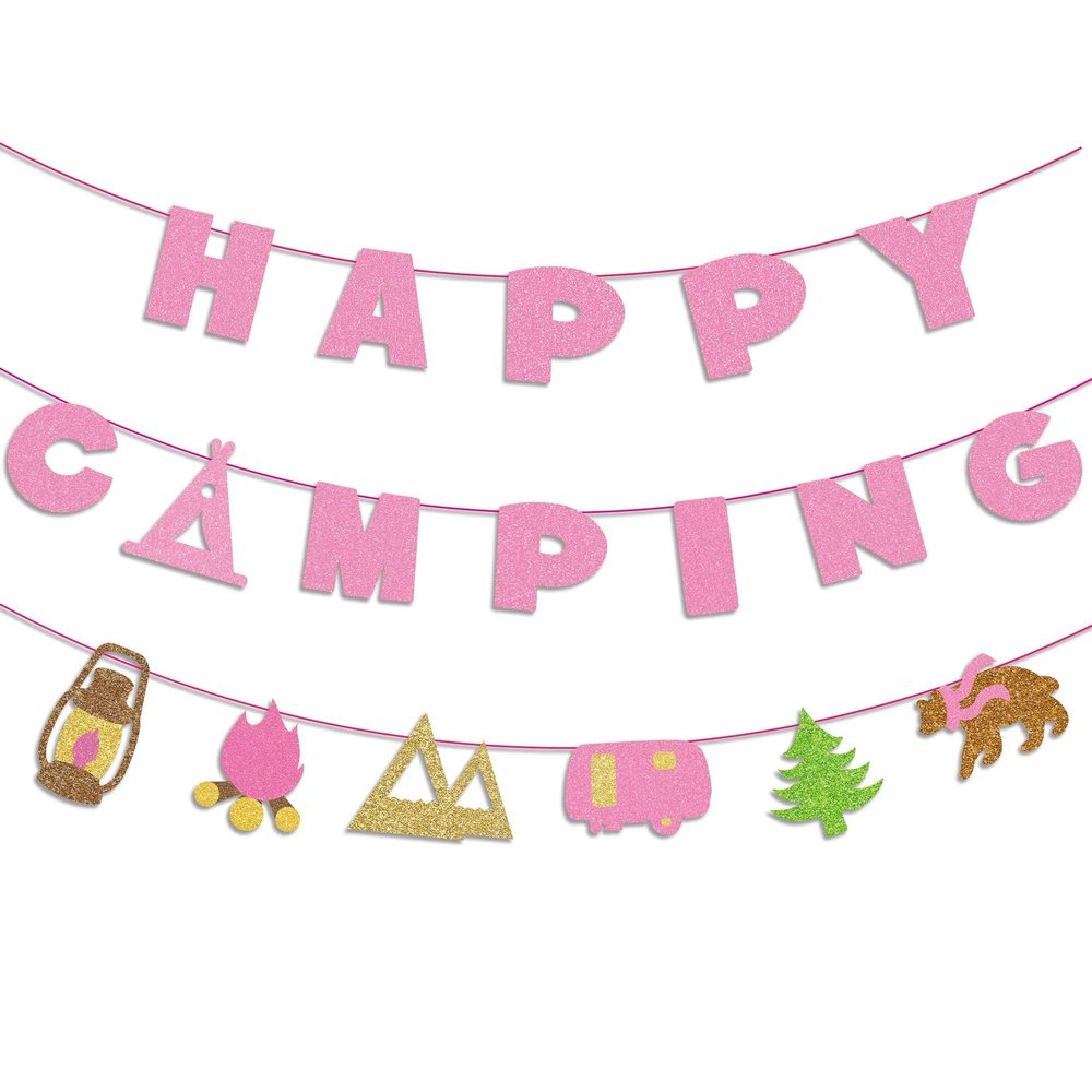 Kristin Paradise Happy Camping Banner, Glamping Party Sign Decorations for Girl, Pink Camper Theme Supplies, Camp Birthday Themed Decor