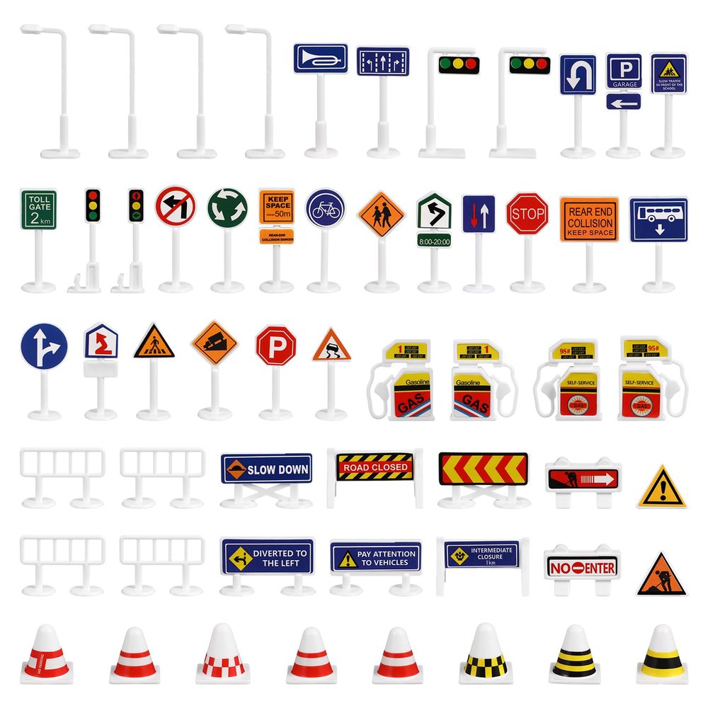 56Pcs Traffic Road Signs Playset Street Signs Mini Traffic Cones Crosswalk Signal Toys for Children Safety Education Plaything
