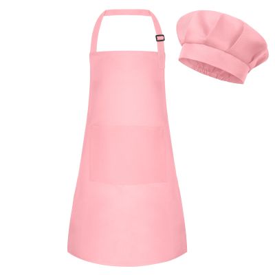 BOUBONI Kids Apron and Chef Hat Set - Adjustable Chef Apron with 2 Pockets - Toddler Chef Hat and Apron for Cooking Baking Painting (Pink)