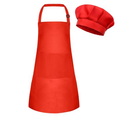 BOUBONI Kids Apron and Chef Hat Set Adjustable Chef Art Apron with 2 Pockets Toddler Chef Hat and Apron for Cooking Baking Painting (Red), Small