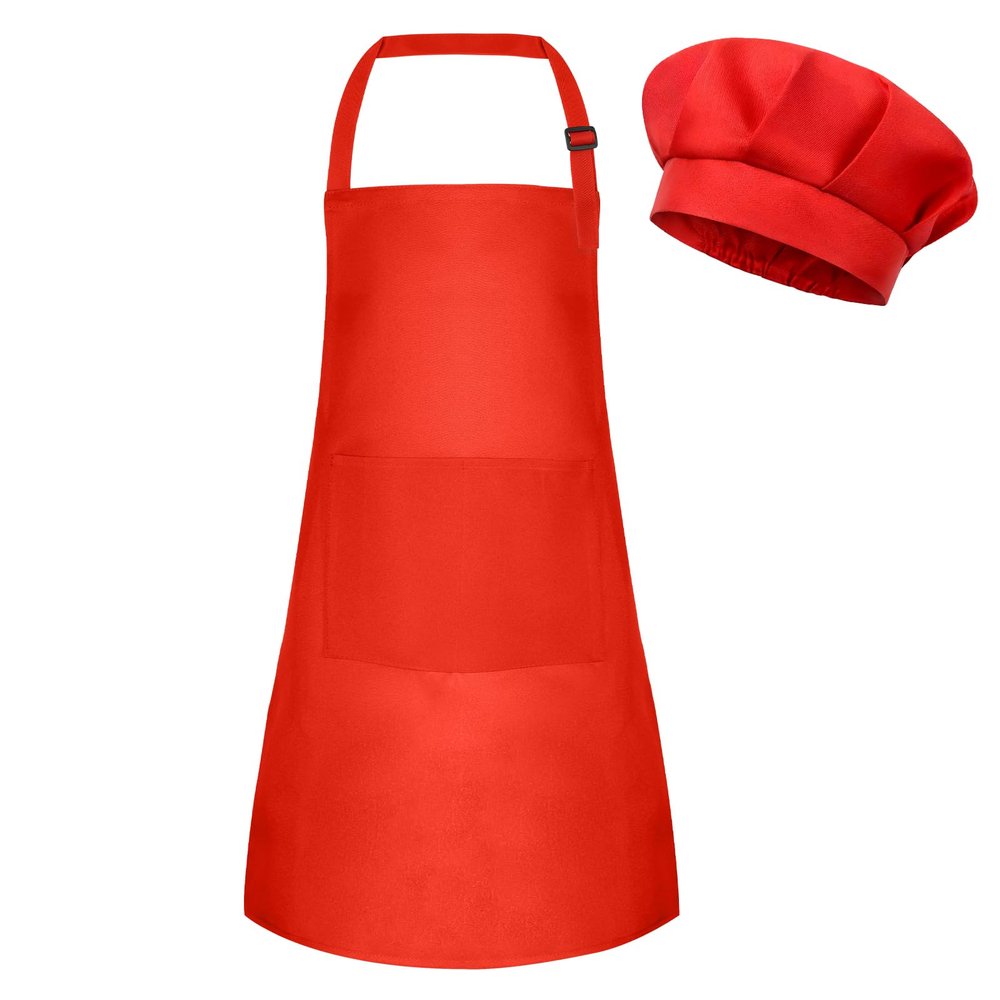 BOUBONI Kids Apron and Chef Hat Set Adjustable Chef Art Apron with 2 Pockets Toddler Chef Hat and Apron for Cooking Baking Painting (Red), Small