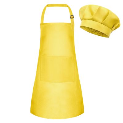 BOUBONI Kids Apron and Chef Hat Set Adjustable Chef Art Apron with 2 Pockets Toddler Chef Hat and Apron for Cooking Baking Painting (Yellow), Small