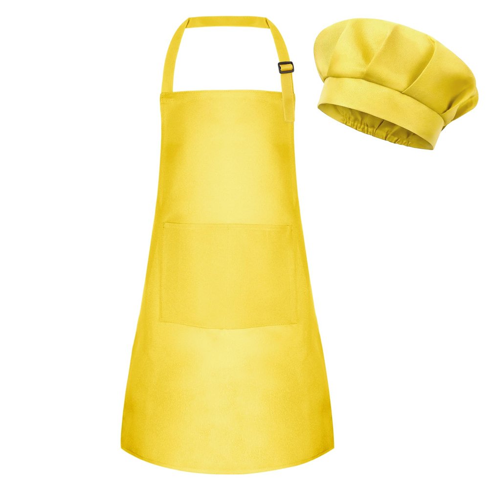 BOUBONI Kids Apron and Chef Hat Set Adjustable Chef Art Apron with 2 Pockets Toddler Chef Hat and Apron for Cooking Baking Painting (Yellow), Small