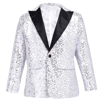 Miutii Kids Boys Sequin Jacket Suit One Button Tuxedo Blazer Prom Wedding Dinner Party Disco Costume Silver 8 Years