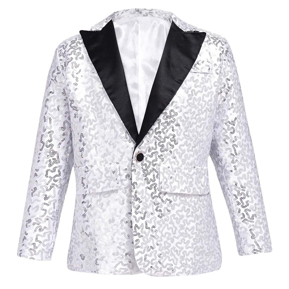 Miutii Kids Boys Sequin Jacket Suit One Button Tuxedo Blazer Prom Wedding Dinner Party Disco Costume Silver 8 Years