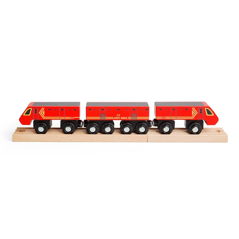 Bigjigs Rail Red Postal Train - Wooden Trains for Kids, Train Toy Accessories, Toddler Railway Sets, 3 Carriages & 2 Track Pieces, Magnetic Couplings, 3+ Year Old