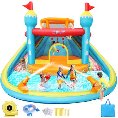 AKEYDIY Inflatable Bounce House with Double Water Slide & Splash Pool, Mega Backyard Water Park with Blower Included for Kids 3-12 Birthday Party Gifts