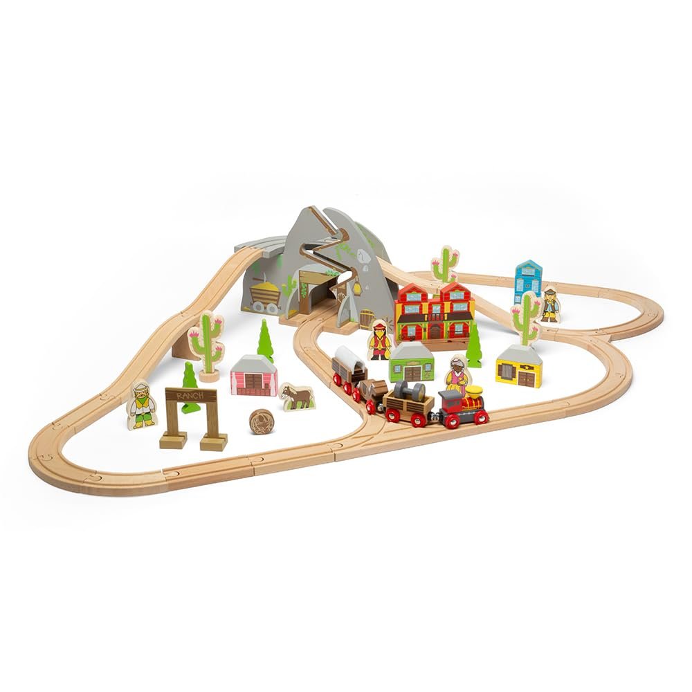 Bigjigs Rail Wild West Train Set - 62 Piece Wooden Cowboy Train Set, Kids Trains & Railway Sets, Toys & Gifts for Toddlers, Made from Sustainable Wood, Age 3 Year Old +