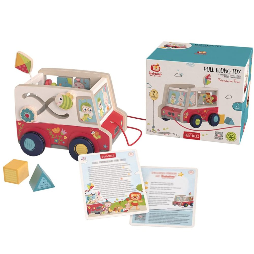 Bababoo & Friends Friends on Tour Pull Along Toy, Wooden with Non-Toxic Paint, 12+ Months, 8" x 9" x 7", MESH Certified, Encourages Problem Solving, Cognition, Communication & Perseverance