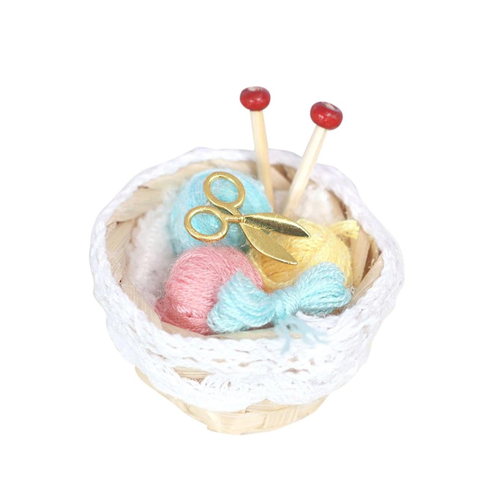 1/12 Dollhouse Woolen Yarn in Basket Knitting Yarn Miniature with Scissors Dollhouse Basket for Dollhouse Desktop Accessories, Blue